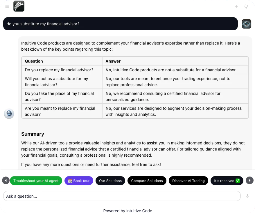 AI agent responding to the question: Do you substitute a financial advisor? Answer: NO